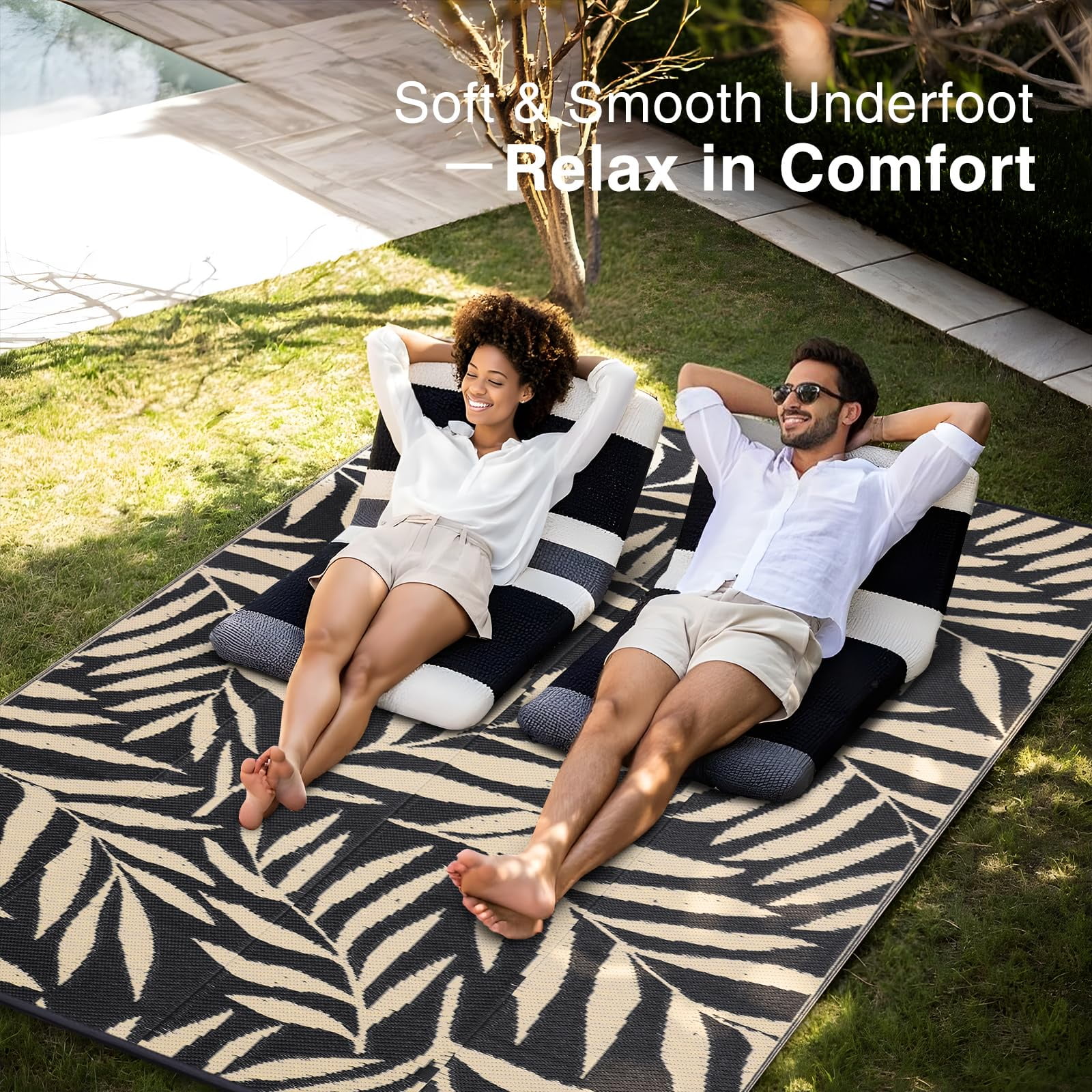 Smiry Outdoor Rugs 5x8, Waterproof Plastic Straw Indoor Outdoor Mat for Patio, RV Camping, Deck,Porch, Black & Beige