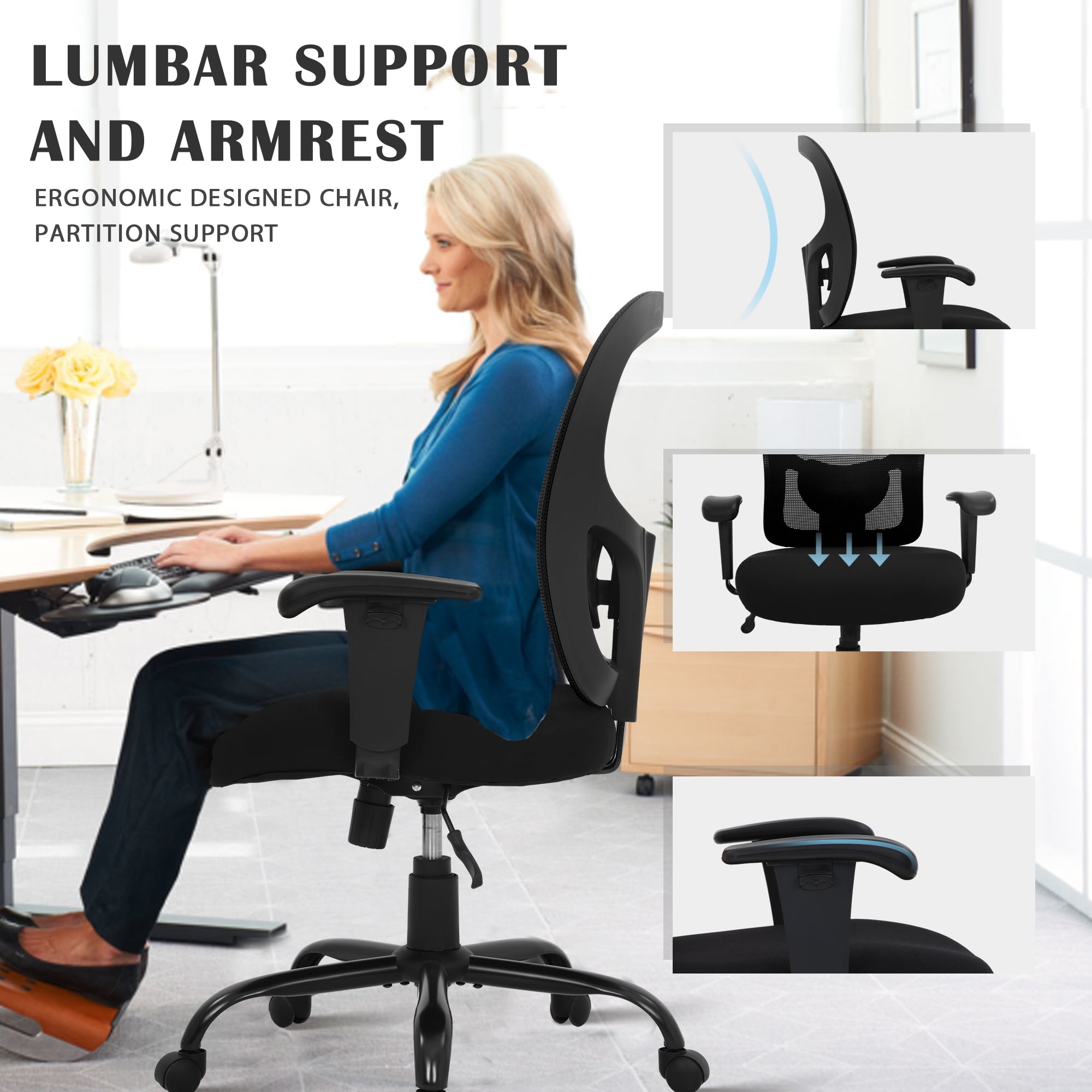 CL.HPAHKL Office Chair Ergonomic Desk Chair, 400lbs Big and Tall Mesh Chair, Computer Chair with Adjustable Arms & Seat Height, Rolling Swivel PC Chair for Home Office, Black