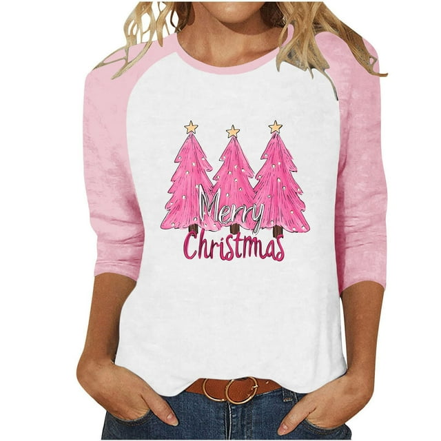 LckLvx Chandails de Noël pour Femmes Col Rond Manches 3/4 Raglan Hauts Mignons Graphiques Décontractés T-Shirts