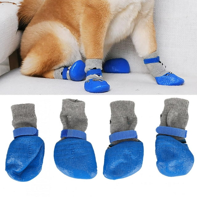 4Pcs Chaussures de Chien de Compagnie, Bottes de Chien Intérieur Anti-Saleté Chaussures Confortables Mignonnes avec Crochet Chaussures de Chien Bleu pour Chats Chiot Chaton