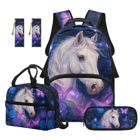 Jeiento Kids Backpack and Lunch Box 4 Piece Galaxy White Horse Water-Resistant School Bag Set Includes Pencil Case, Bookmarks, for Boys Girls Elementary School Travel Hiking