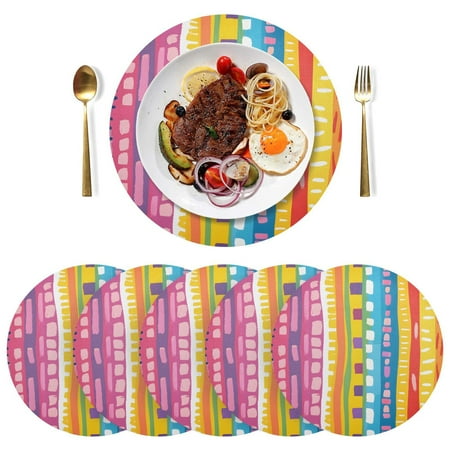 

joogoo Rainbow Geometric Lines Hand Drawn Flat Cartoon Style Round Plate Mats for Dining Table Placemat Set of 6 Holiday Decoration