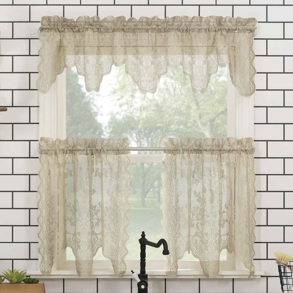 No. 918 Quinn Floral Lace Sheer Rod Pocket Kitchen Curtains - (3-Piece ...
