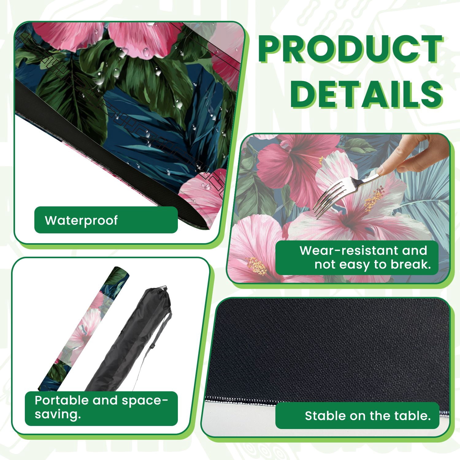 Mahjong Mat 31.5" x 31.5" Exotic tropical flowers pink hibiscus green monstera palm leaves Non-Slip Noise Reduction American Mahjong Tiles Table Cover for Dominoes Poker Card Board Games Gift