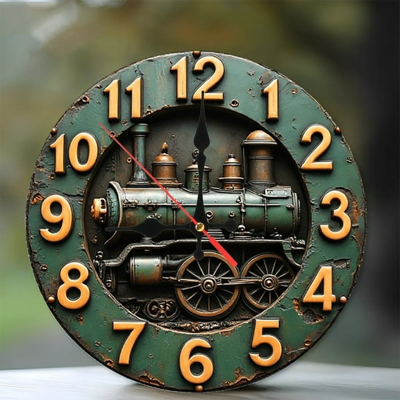 Vintage Steam Train Clock Wall Decor 10-Inch Silent Wooden Wall Clock, Battery Operated (AA Batteries Not Included), Artistic Home Decor