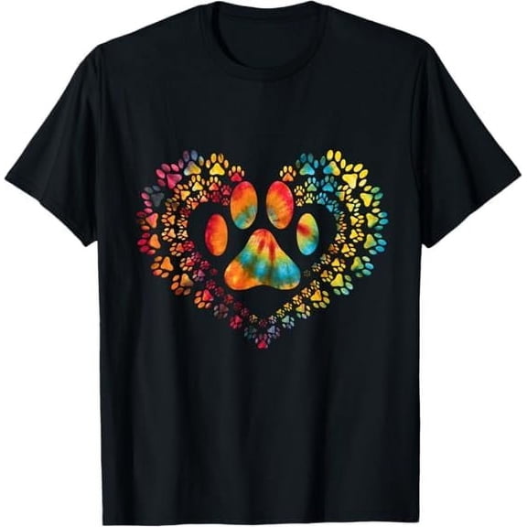Dog Paw Print Heart Animal Lover T-Shirt for Unisex Audlt Men Women Crew Neck Short Sleeve Tees Black