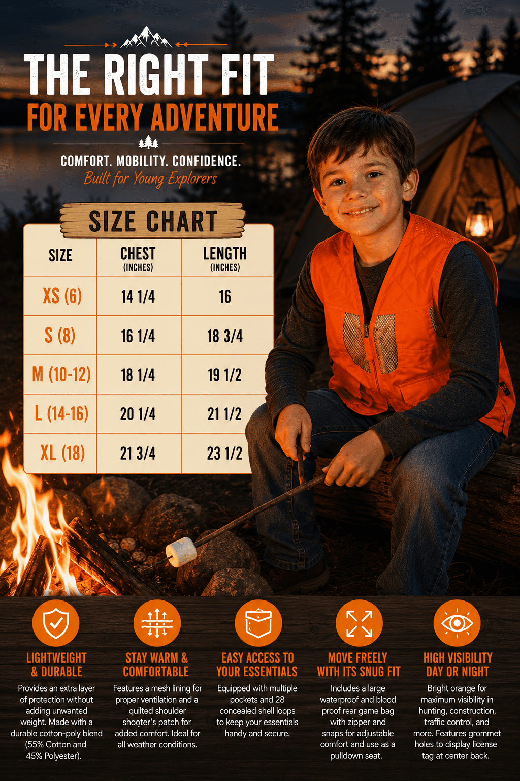 TrailCrest Kids Delxue Blaze Orange Safety Front Loader Hunting Vest, XS