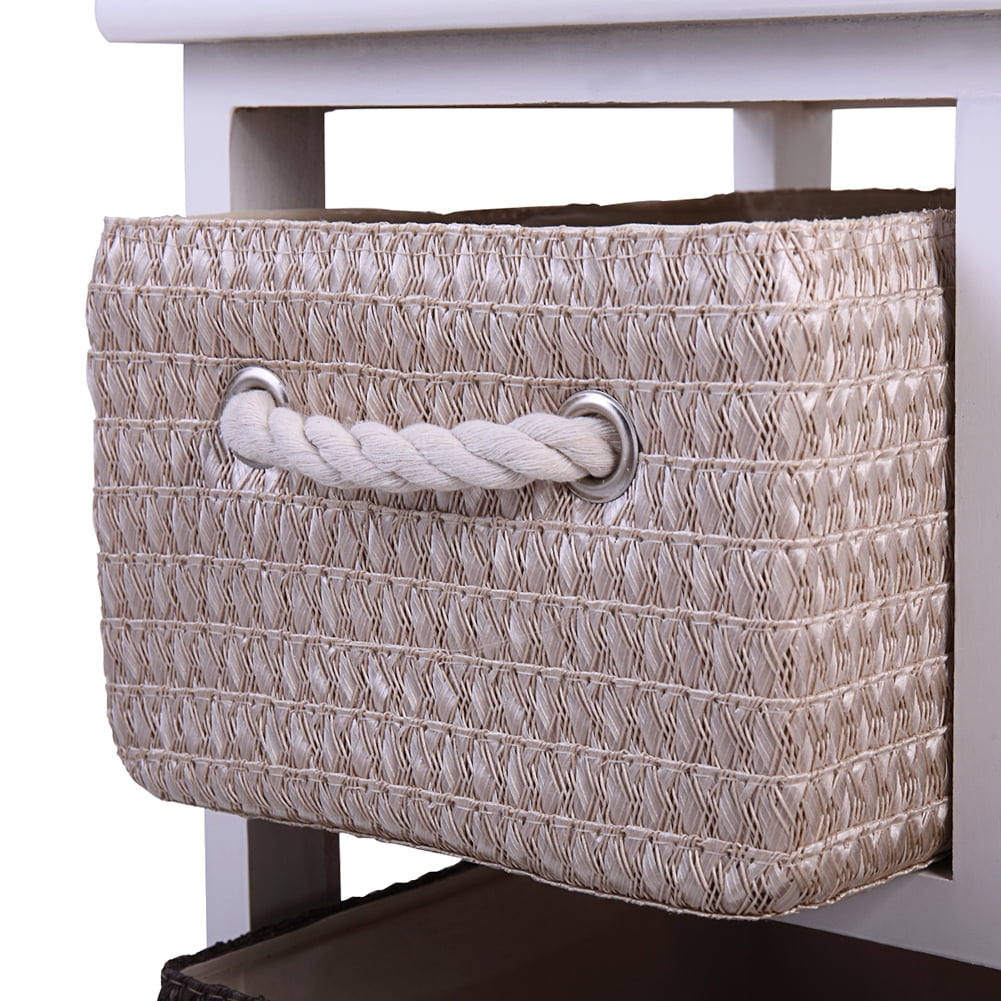 3-Tier Nightstand Wood End Table with 4 Wicker Rattan Drawers Storage Shelf Bedside Table for Home, White 3-Tier Nightstand Wood End Table with 4 Wicker Rattan Drawers Storage Shelf Bedside Table for Home, White