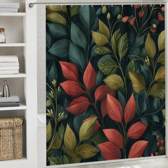 RKSupls Christmas Shower Curtain, Green Red Leaves Shower Curtain with Hooks for Christmas Home Bathroom Decor Washable Curtains, 72x72 in