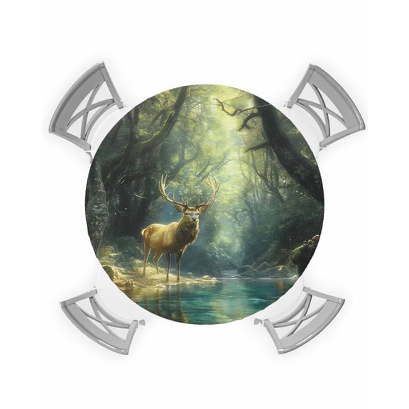 nqOlkjepod Green Forest Deer Round Tablecloth, Fitted Table Cover with Elastic for 55"-60" Round Tables, Fantasy Vintage Nature Scenery Table Cloth Outdoor Dinning Party Waterproof Tablecloths