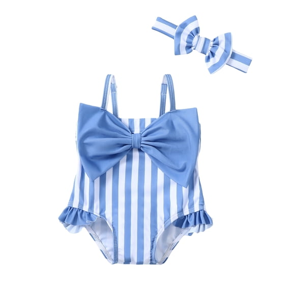 KIMI BEAR Newborn Baby Girl Swimsuit 6-12 Months Sleeveless Off the Shoulder One-piece Swimsuit Bowknot Striped Bathing Suit Blue