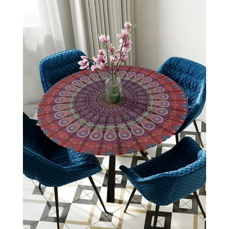 

Round Fitted Tablecloth Mandala Pattern Red Elastic Edged Table Cover Protector Cloth Waterproof Polyester Rectangle Table Cover 50 -54