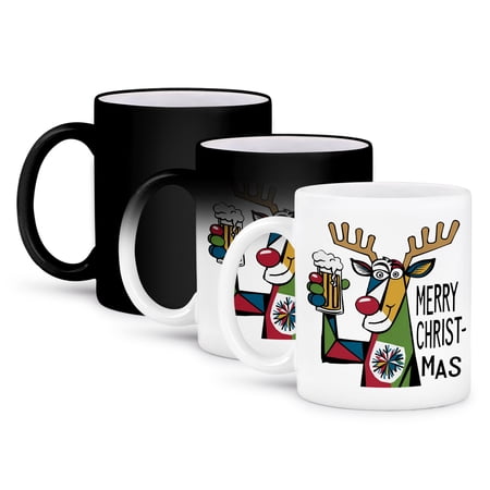 3dRose, Funny Cool Reindeer Drinking Beer Merry Christmas Holidays Abstract, 11oz Magic Transforming Mug