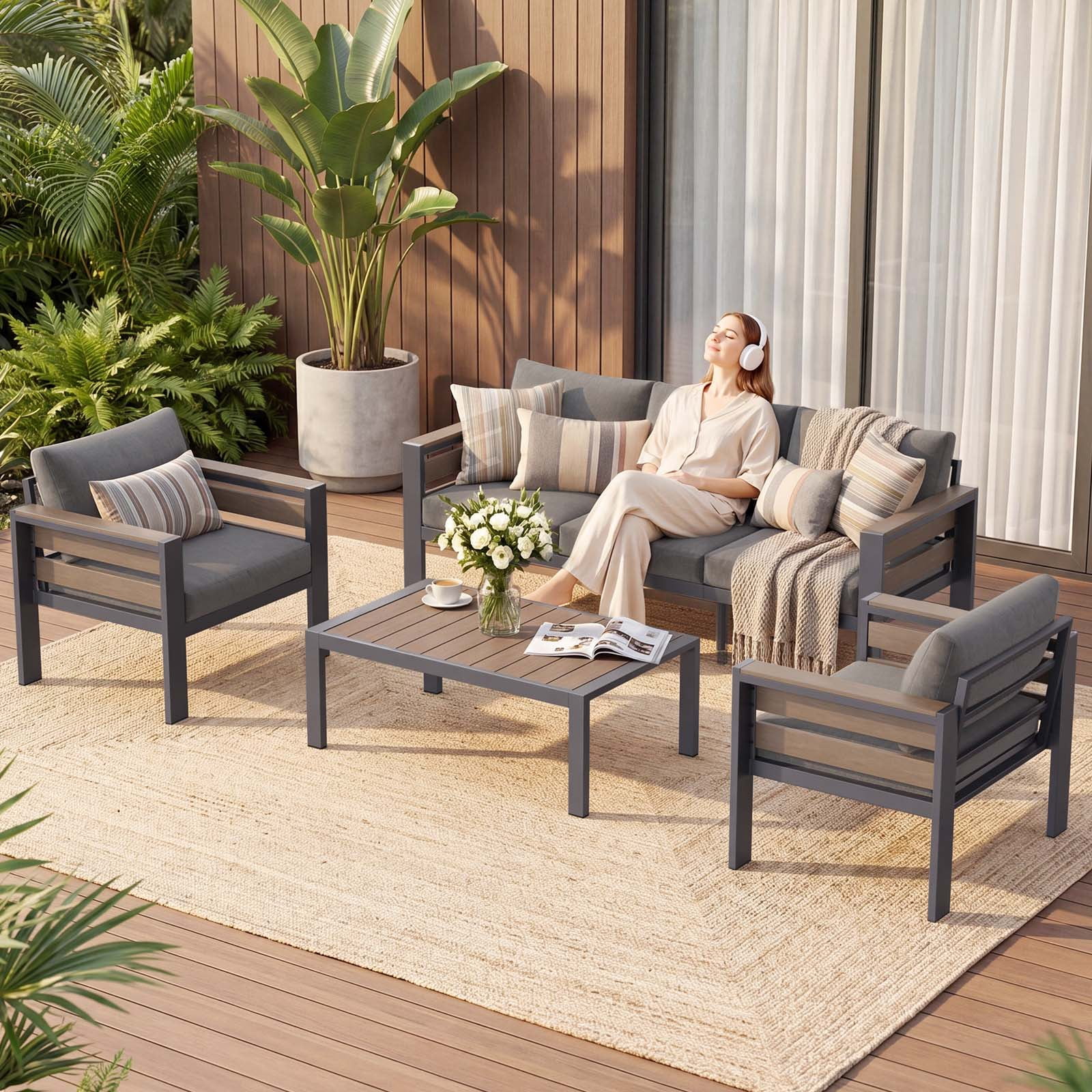 Slsy Aluminum Patio Furniture Set, 4-Piece 3-Seat Outdoor Conversation Set with Thickened Cushions, Metal Sofa for Porch Balcony Deck Yard Poolside
