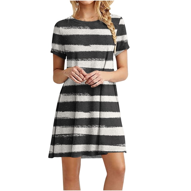 Birdeem Womens Casual Color-Blocking Printed Short-Sleeved Round-Neck Dress