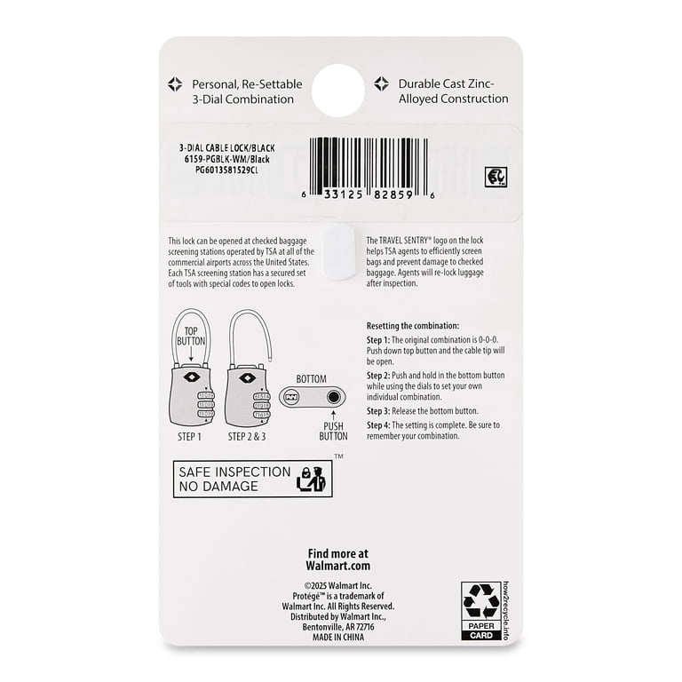 Protege TSA Approved 3 Dial Combination Cable Luggage Lock