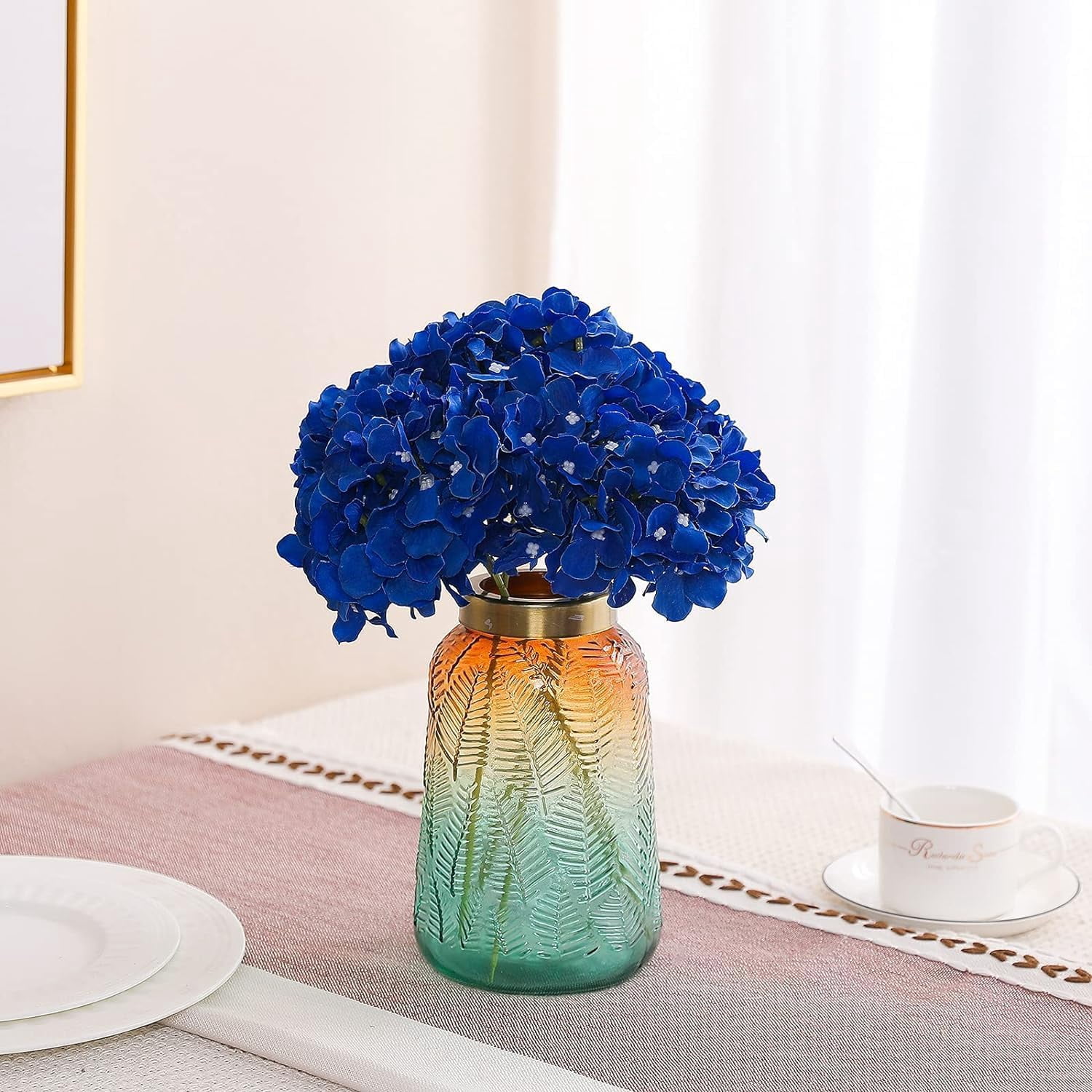 Fake Blue Hydrangea Artificial Flowers - Faux Silk Hydrangeas Flowers Heads with Stems Real Touch for Home Wedding Party Table Decor(Royal Blue,Pack of )