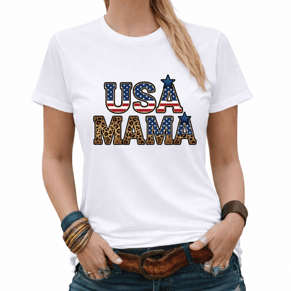 American Mama USA Flag Leopard Graphic Tees Womans T-shirt Tops Black/White S-5XL
