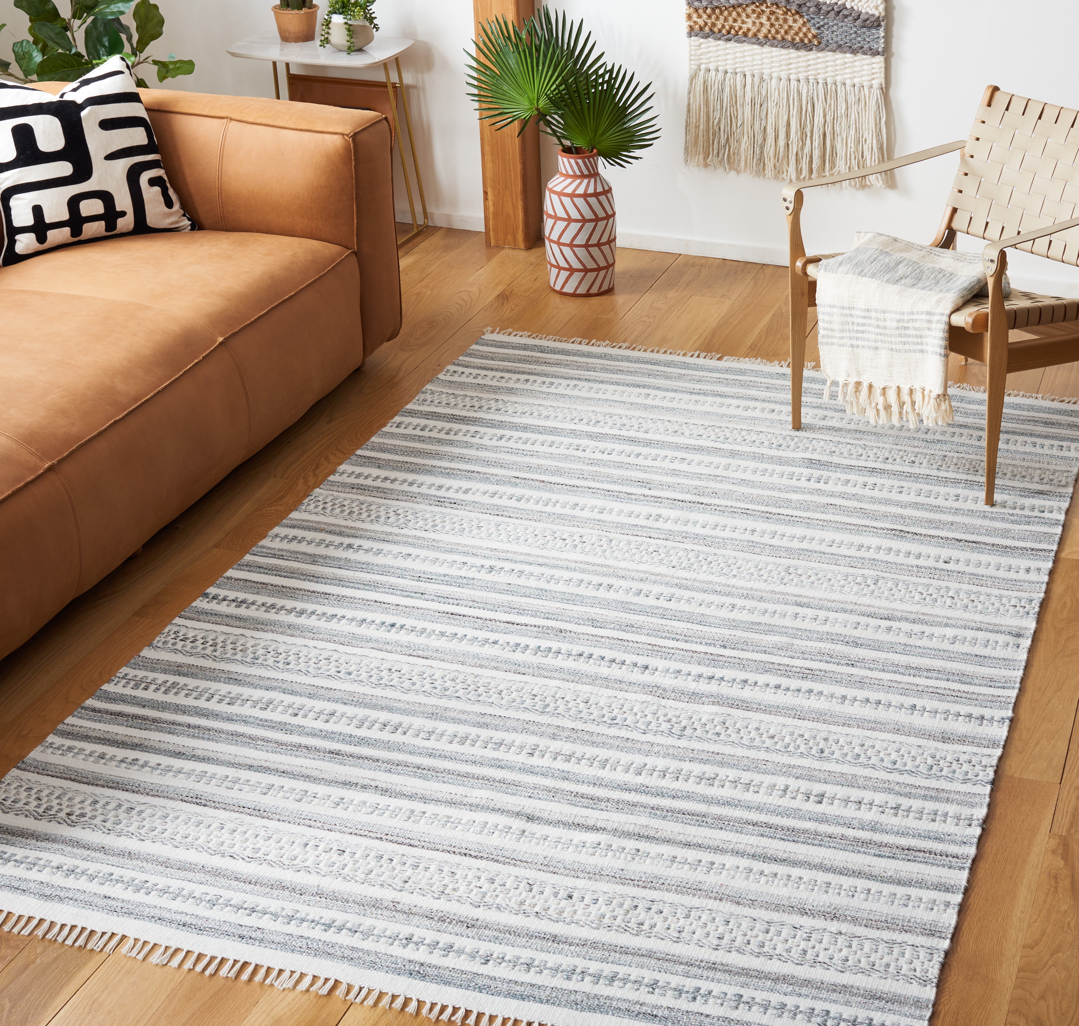 SAFAVIEH Kilim Mandy Striped Polyester Area Rug, Ivory/Grey, 8' x 10'