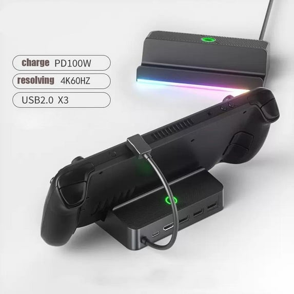 Steam Deck Dock with LED Light, 5-in-1 Steam Dock with Gigabit Ethernet, HD 2.0, 2 USB-A, 100W Full Speed Charging Port, Docking Station for Steam Deck Accessories