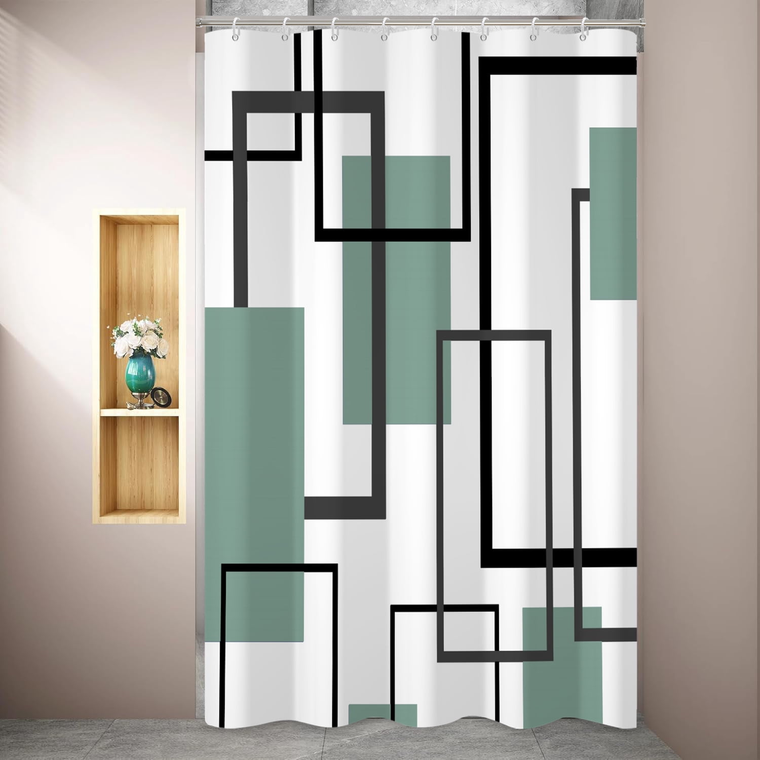 Green and White Shower Curtain Geometric Black and Green Modern Abstract Shower Curtains for Bathroom,47"x71"