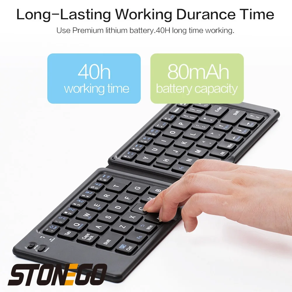 STONEGO Foldable Bluetooth Keyboard - Portable Wireless Rechargeable Ultra-thin Quiet Keyboard with Compact Folding Design and Built-in Battery, Universal for Tablets, Smartphones, Laptops