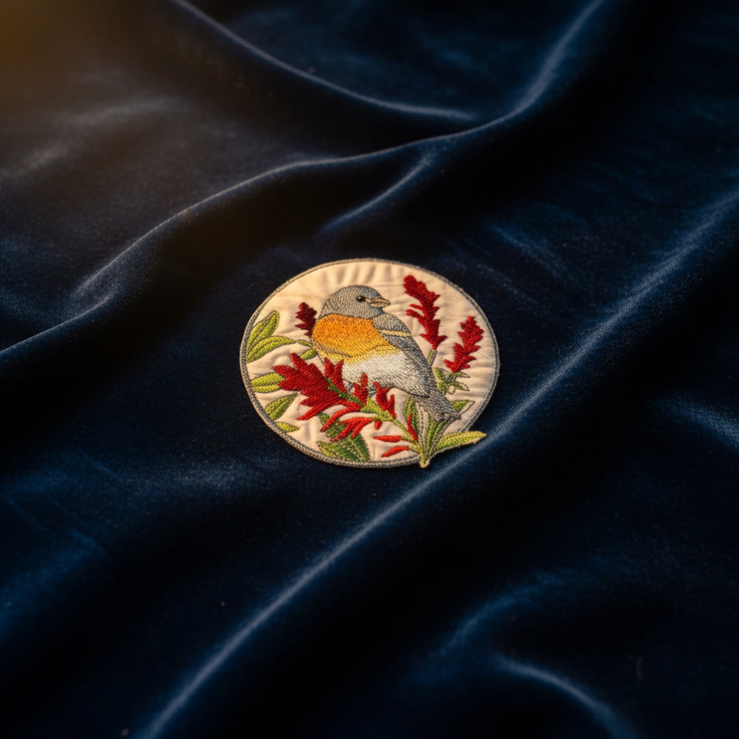 Lazuli Bunting And Indian Paintbrush Circle Embroidered Iron on patch [5" X 5"]
