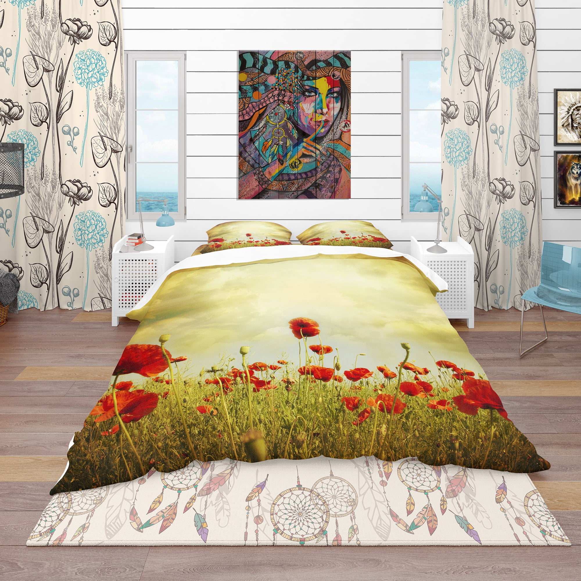 Designart 'Red Poppies on Grunge Background' Vintage Duvet Cover Set