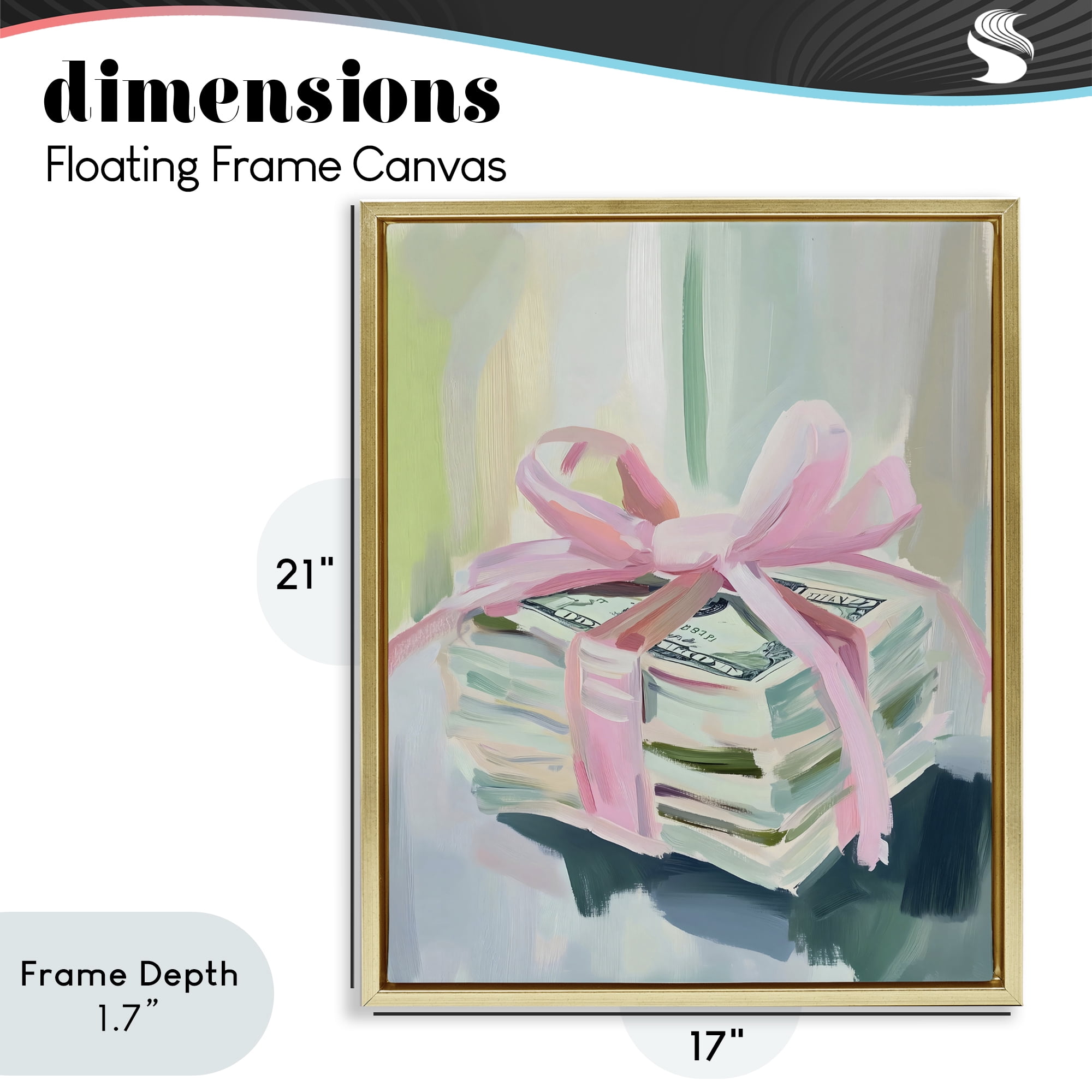 Stupell Industries Pink Bow Cash Bundle Gold Framed Floater Canvas Wall Art, design by The Prints Vibe