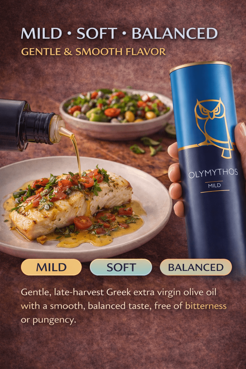 OLYMYTHOS Mild Extra Virgin Olive Oil – Olympia PGI Greek Olive Oil, Cold Pressed, 750 ml