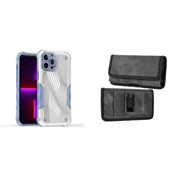 Case and Pouch Bundle for iPhone 14: Heavy Duty Armor Rugged Case (White Swirly Lines) and Rugged Denim Nylon Belt Holster (Grey)