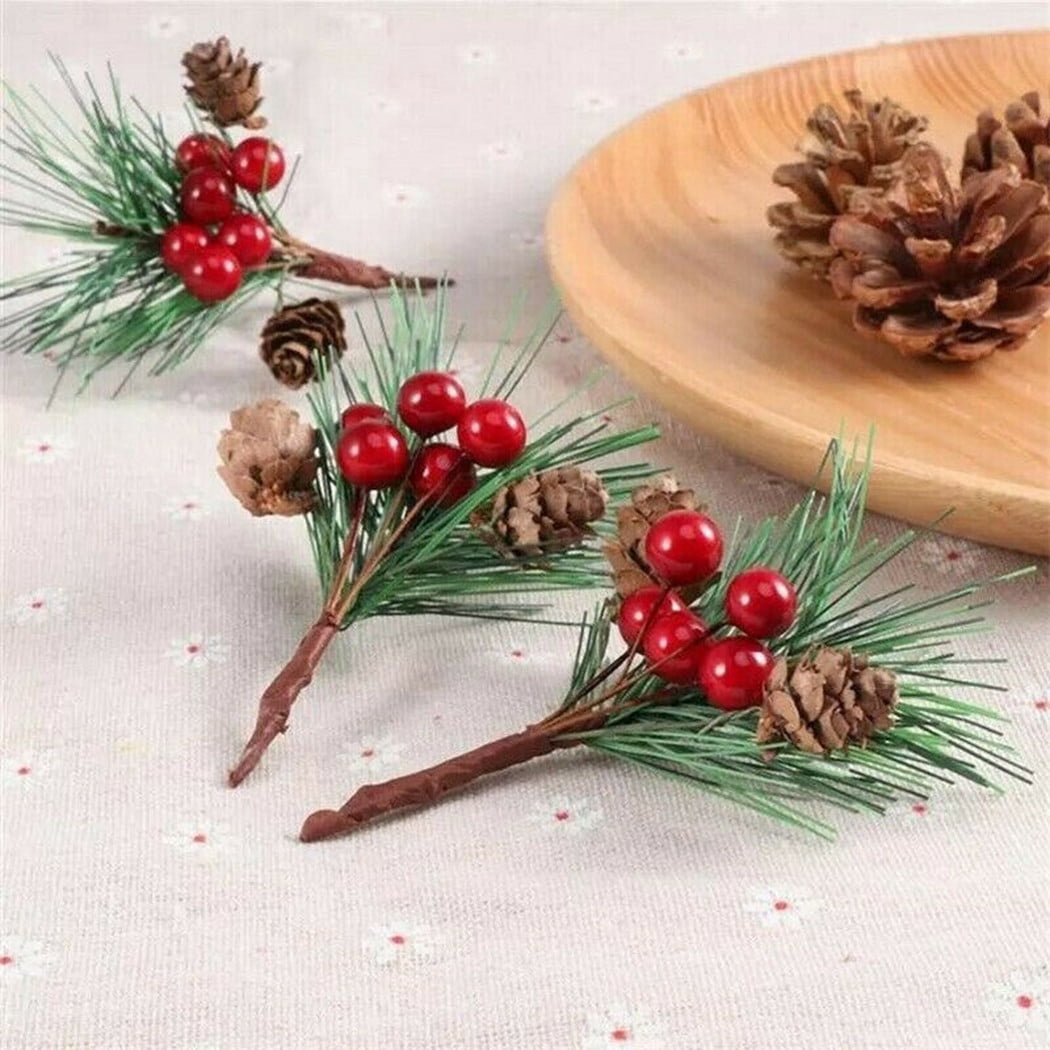 Huntermoon 12pcs Simulated Flower Red Christmas Berry Pine Cone Picks Stems Christmas Tree Accessories for Holiday Home Ornament Flower Crafts