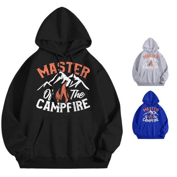XIAOCHA Outdoor Hoodie For Adults Long Sleeve Graphic Print Camping Hooded Sweatshirt Daily Pullover Top, Black, Sizes L
