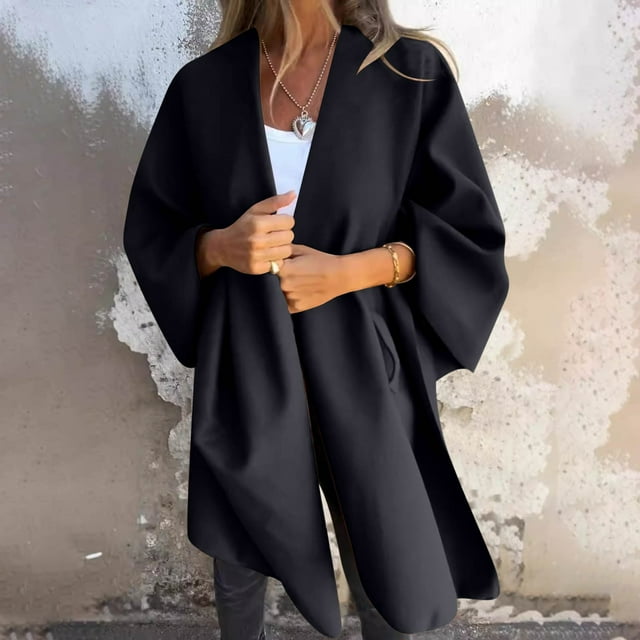 Chaqueta y abrigo informal de manga larga sin capucha para mujer, color liso, con cuello en V largo, tipo capa, tipo cárdigan, abrigo para mujer