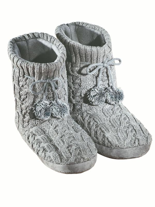 Womens ladies pom pom fur comfort knitted ankle boots house slippers booties 