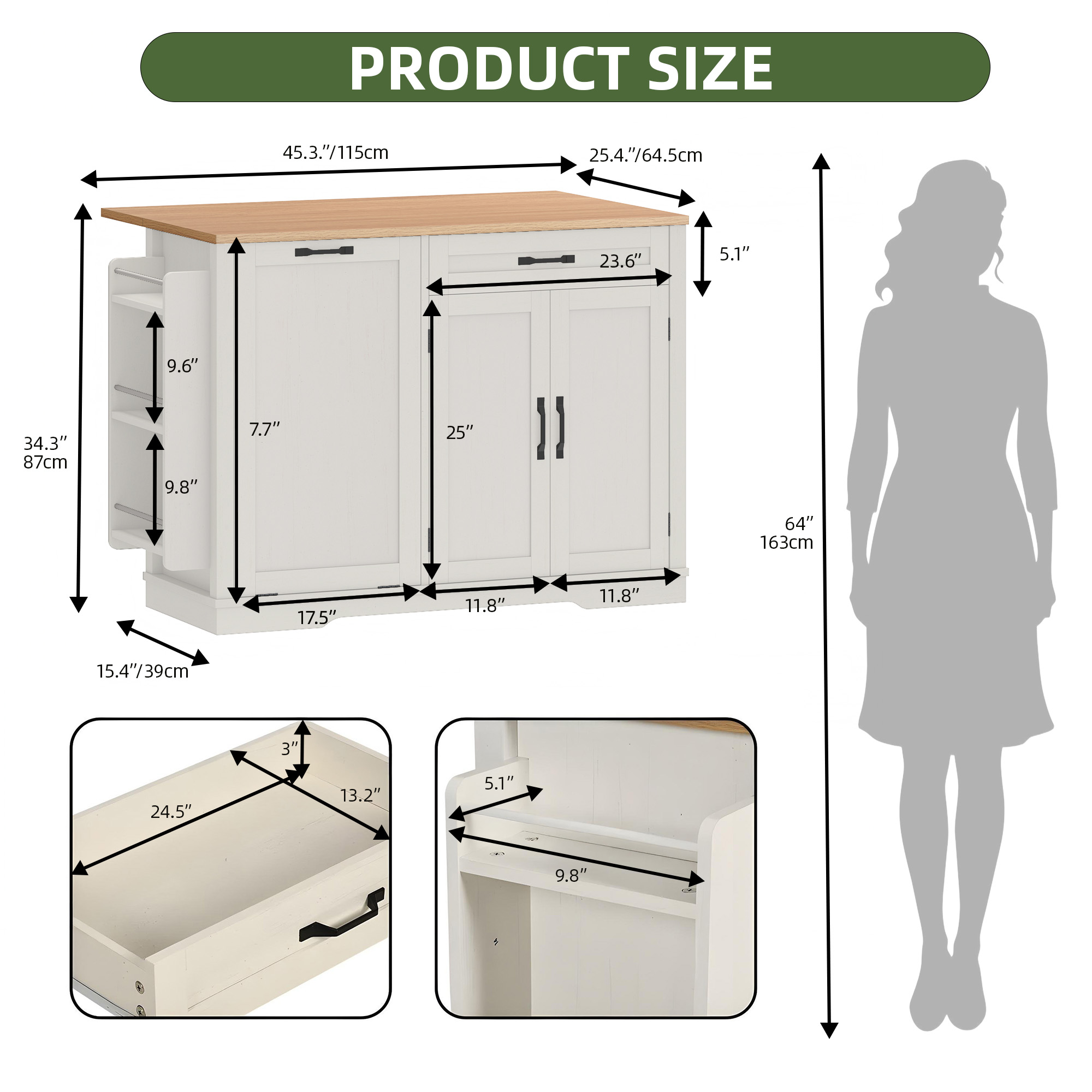 Uforic Kitchen Island Table with Drop Leaf & Wheels, Kitchen Island Cart with Trash Storage, White