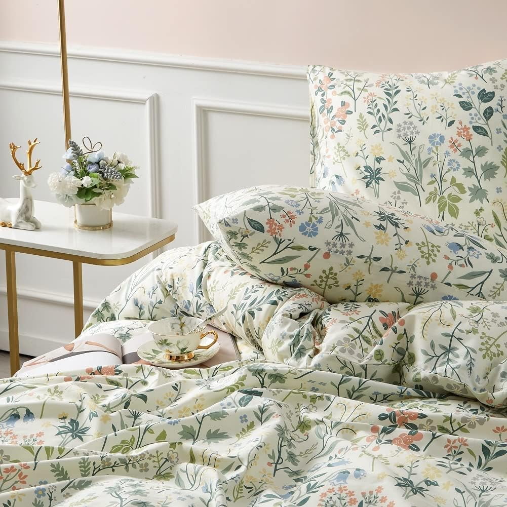 Boho Floral Duvet Cover Green Botanical Bedding Set with Colorful Flower Print Pattern Soft Microfiber Comforter Cover