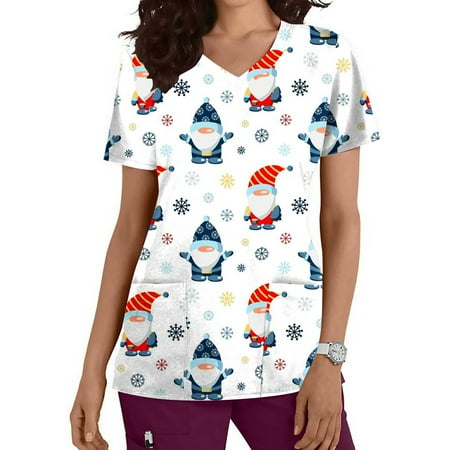 

CHGBMOK Work Shirts for Women Clearance Printing Workwear Short Sleeve V-Neck Coveralls with Pockets