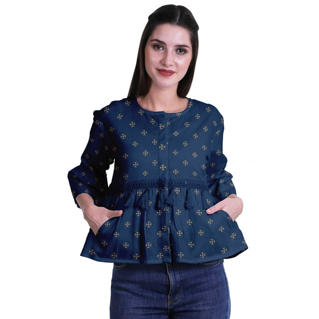 Moomaya T-Shirt à Manches Cloche pour Femmes Col Rond Imprimé Coton Crop Top Décontracté