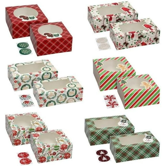 Cookie Boxes Set of 12 Holiday Themed Boxes Assorted Sizes Matching Stickers