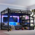 thumbnail image 3 of URTR Queen Loft Bed with Storage Stairs, Shelves & Built-in Wardrobe, Metal Loft Bed Frame with USB Ports and LED Lights, Noise-reduced Design, Black, 3 of 10
