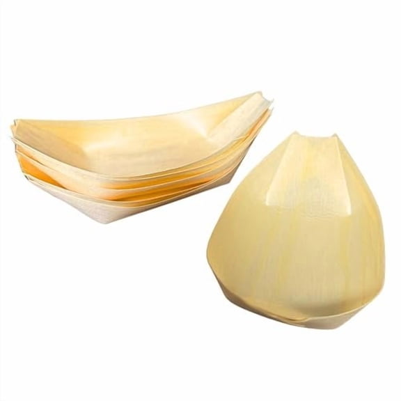 THY COLLECTIBLES Pack of Disposable Wooden Boat Plates Sushi & Appetizer Serving Trays, Leaf-Shaped Food Containers for Catering, Parties, Weddings, and Picnics 12, 6.5 Inch