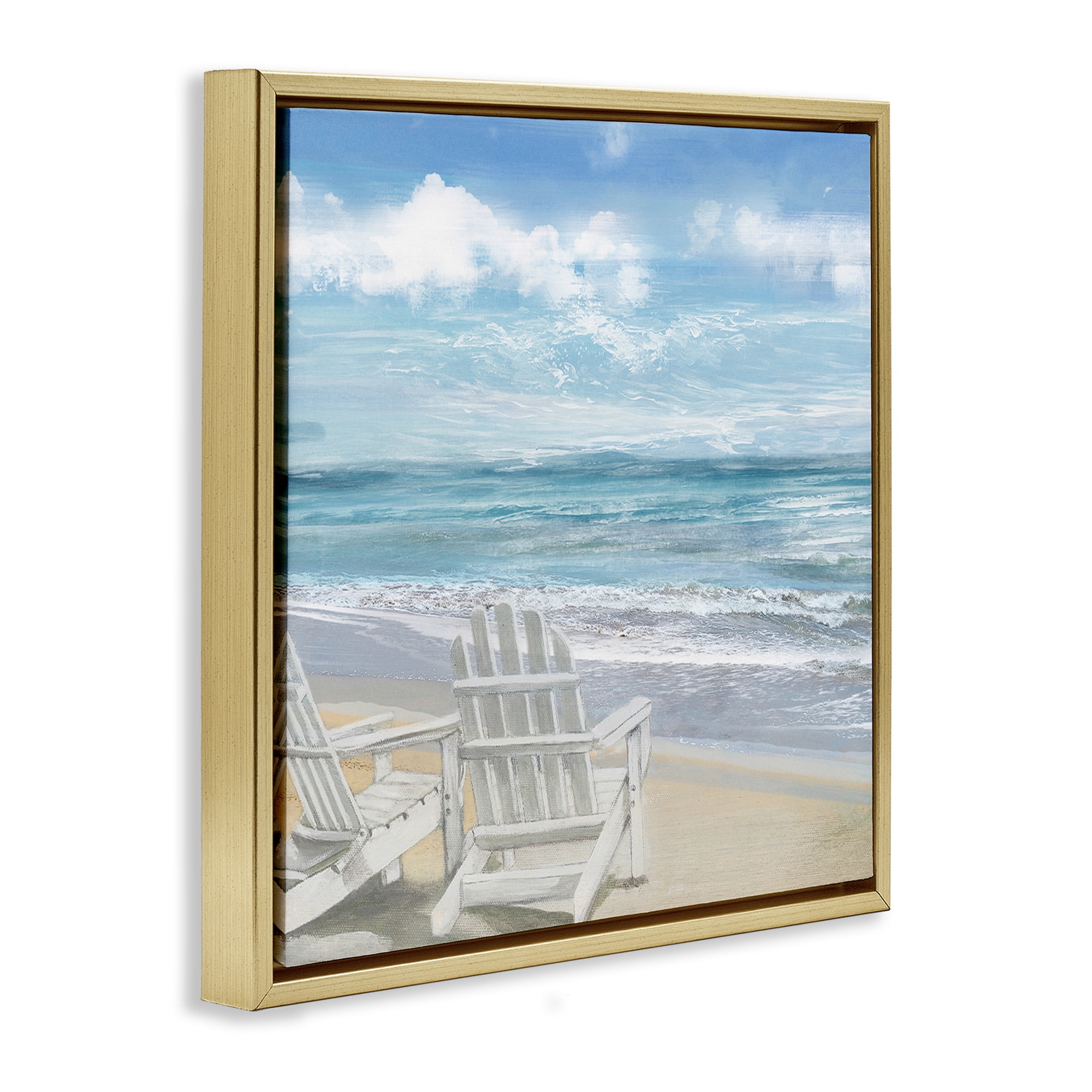 Stupell Industries White Adirondack Chairs on Beach Landscape Painting Gold Floater Framed Canvas Art Print Wall Art, 18 x 18