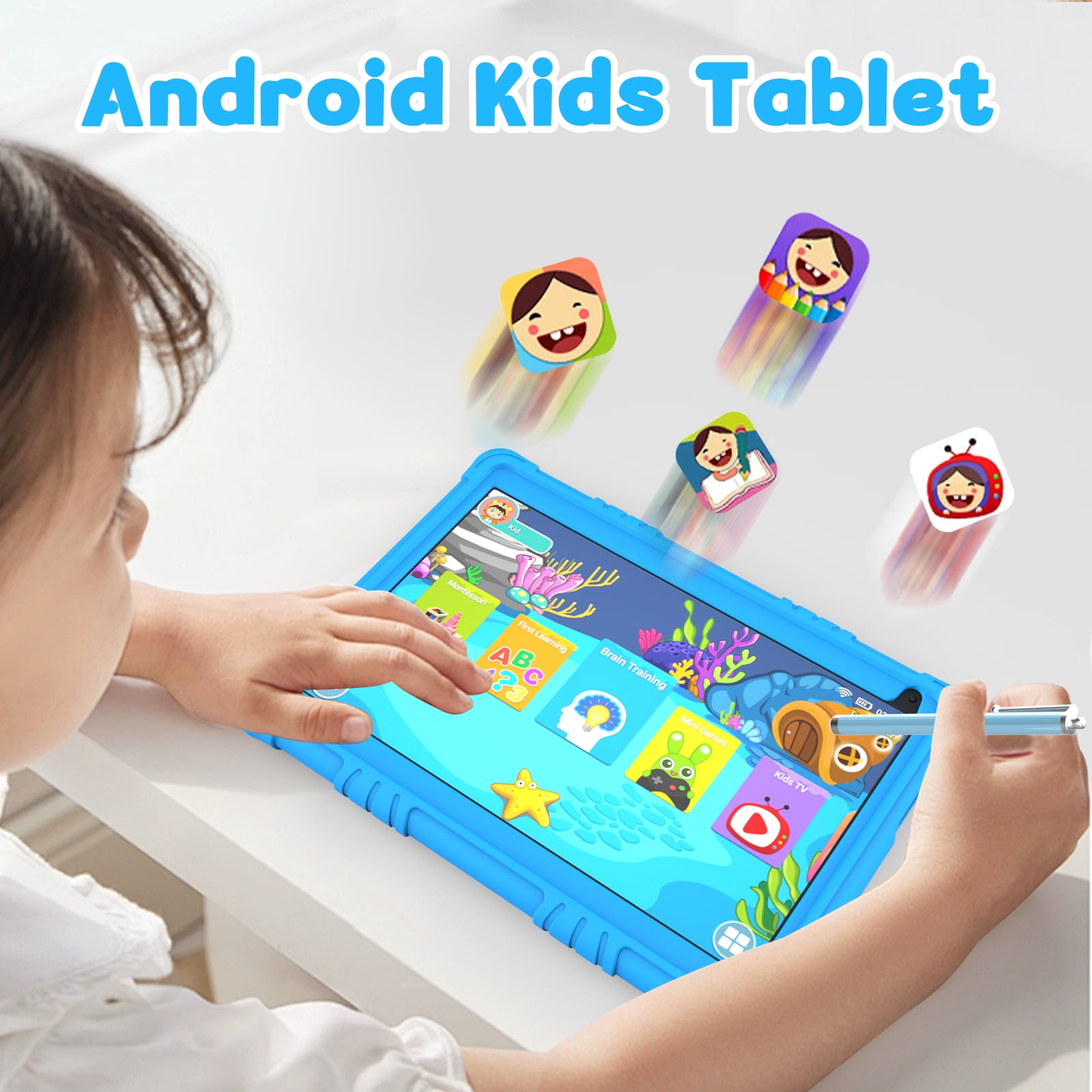 Peicheng Tablet for Kids, 10" Android 15 Kids Tablet with EVA Case, Parental Control Pre-Installed Education Apps, 6(2+4)GB RAM 32GB Storage 6000mAh WiFi 6, Front 2MP+Back 8MP Dual Cameras - Blue