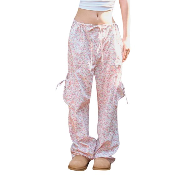 Aojekbee Women Baggy Pants Drawstring Waist Wide Leg Floral Pants Multiple Pockets Cargo Trousers