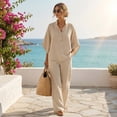thumbnail image 4 of Textilo Cotton Linen Sets for Women 2 Piece Batwing Sleeve Shirts and Wide Leg Pants Button V Neck Set Summer Travel Vacation Breathable 2026 Trendy Tracksuit,Khaki L, 4 of 6