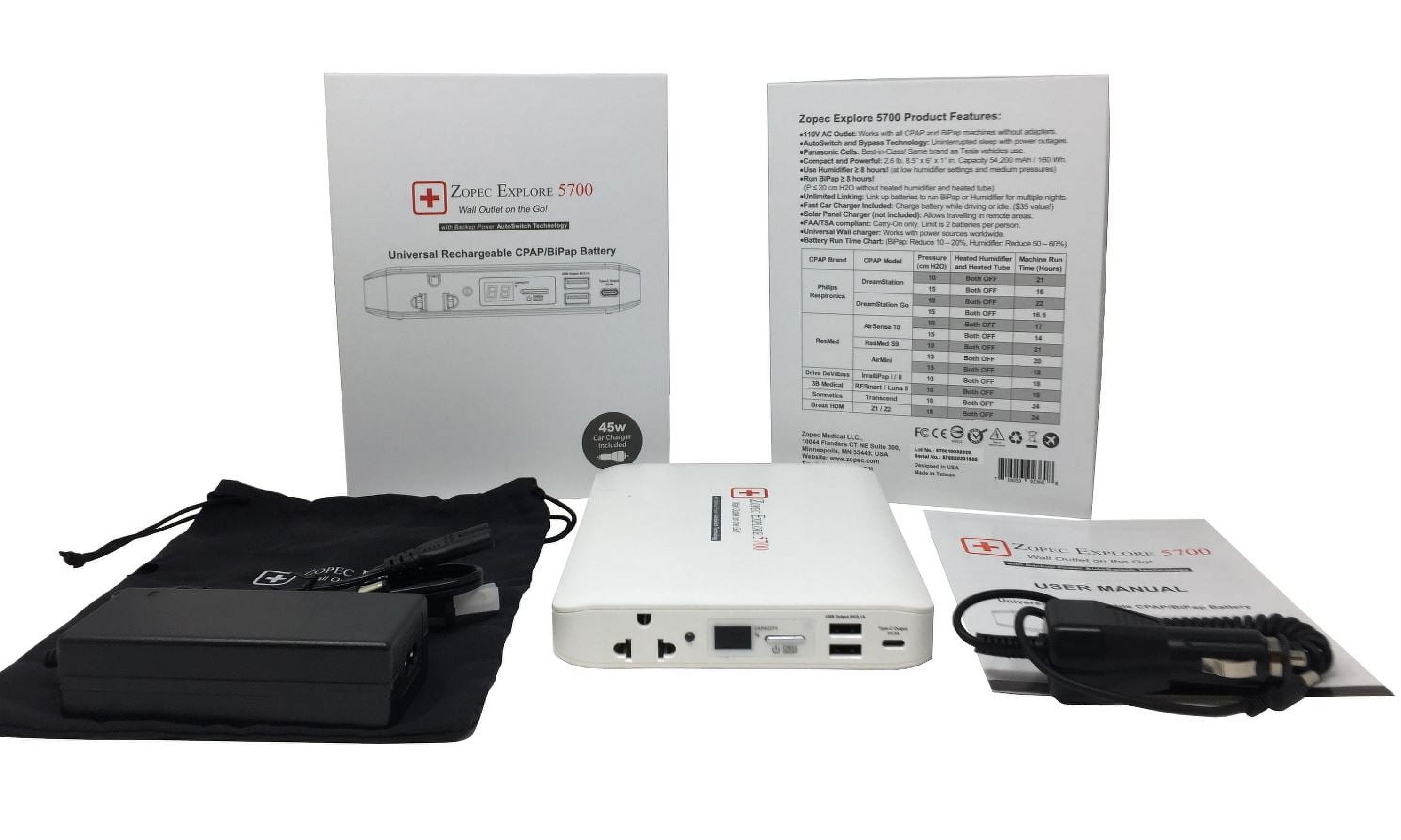 Zopec EXPLORE 5700 Universal Travel CPAP Battery (2-3 Nights). Super Lightweight. Only 1" Thin and 2.5 lb.s! Works with All Machine with No Adapters. FAA Compliant.