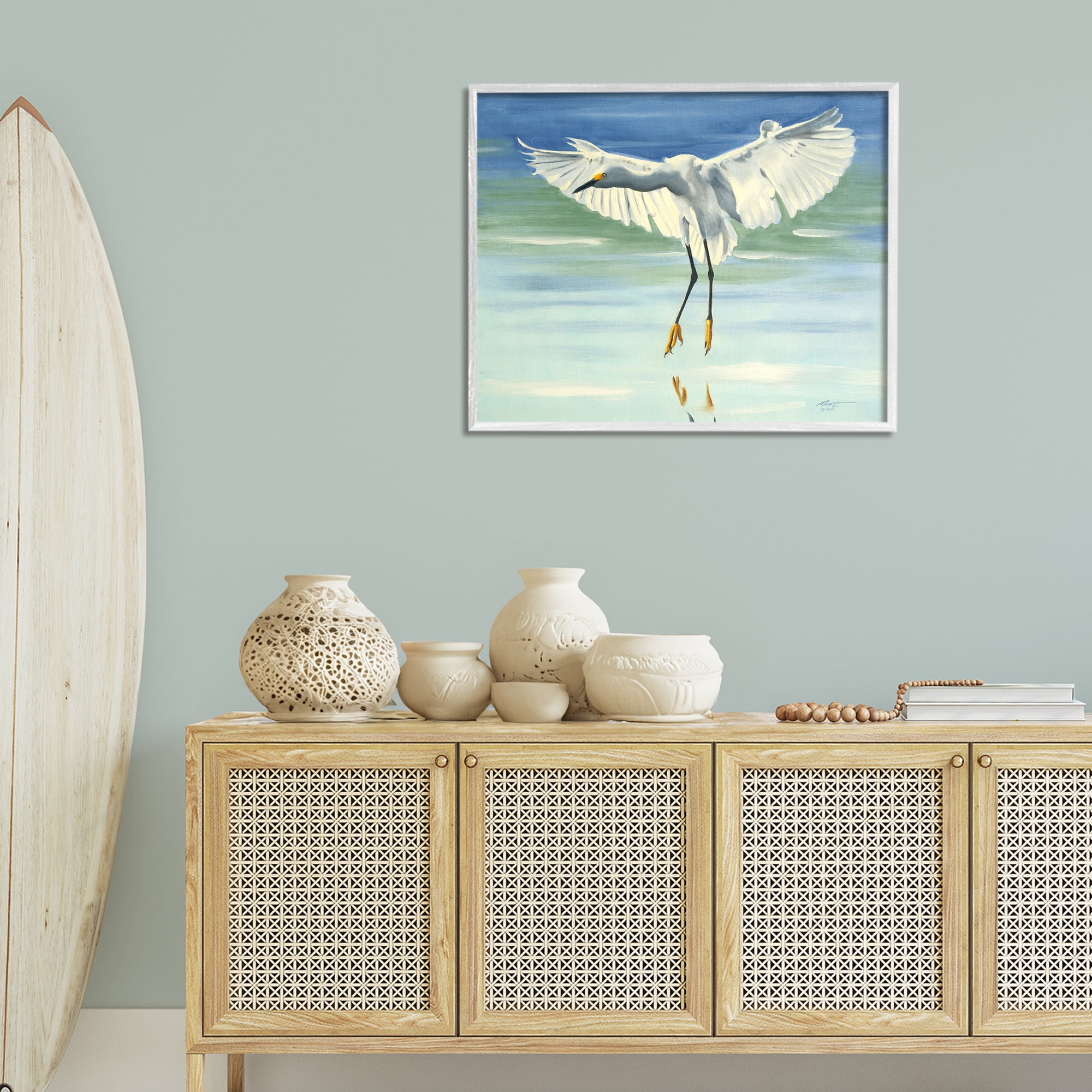 Stupell Industries Snowy Egret on Beach Animals & Insects Painting White Framed Art Print Wall Art, 30 x 24