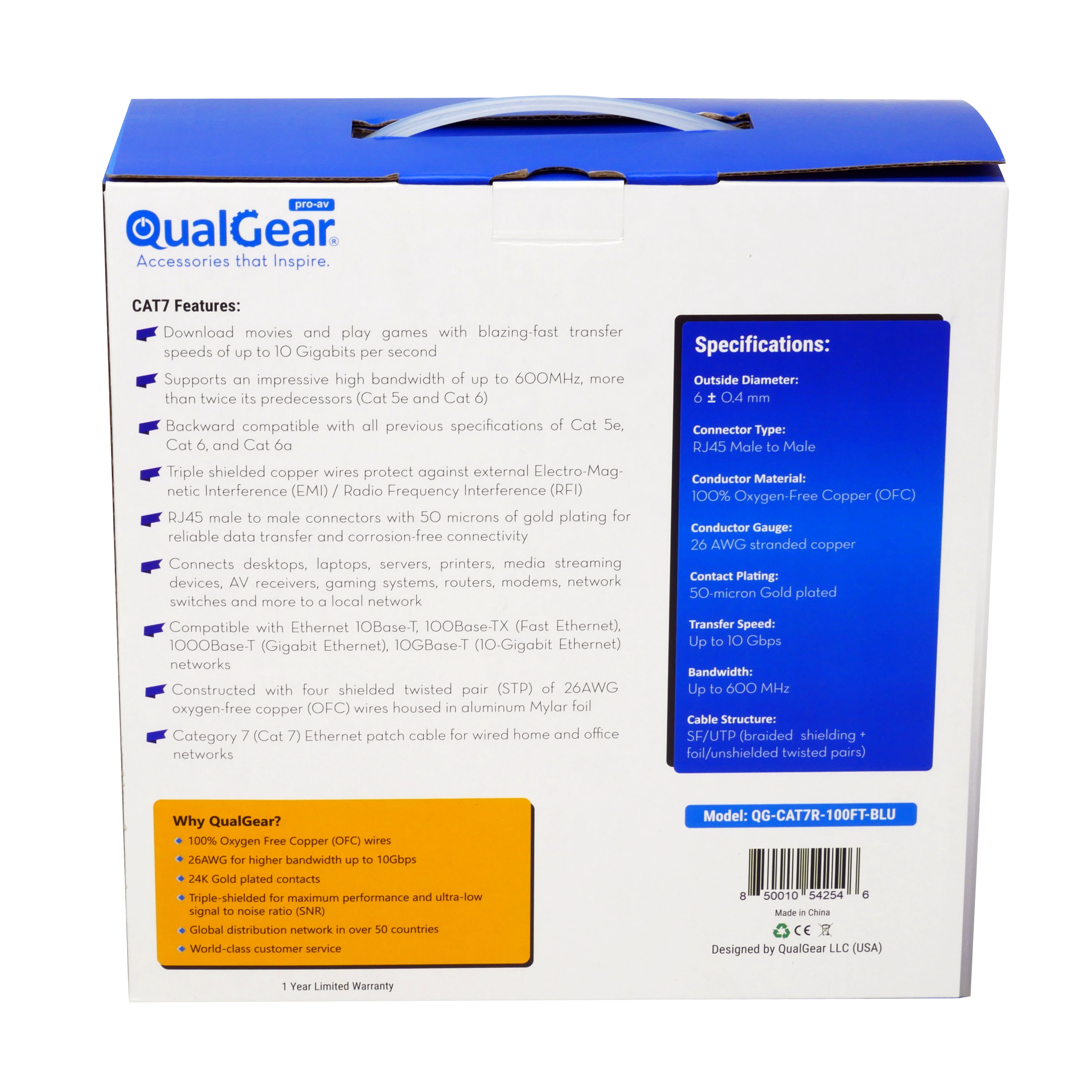 QualGear RJ45 Cat 7 Ethernet Patch Cable, 10Gpbs High-Speed Cable, 600MHz, Triple-Shielded, Round, 100 Feet, Blue