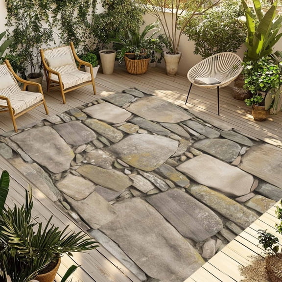 Brown Stone Wall Outdoor Rug 3x5 Ft - Reversible Patio Rug Outdoor Camping Rugs, Vintage Country Rocks Brick Pattern Washable Indoor Outdoor Area Rugs, Non-Slip Outdoor Carpet Runner for Deck/Porch